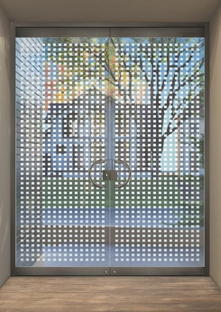 All Glass Front Door featuring Frosted Glass Design Etched Glass by Sans Soucie Art Glass with Custom Geometric Design Squares