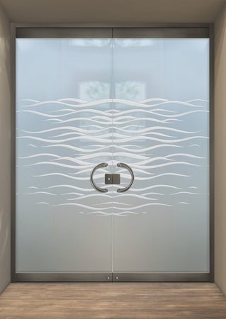 All Glass Front Door showcasing a Frosted Glass Geometric Design with Sandblast Etched Glass Art by Sans Soucie Streaming Wave Tips Design