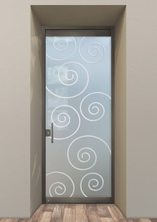 All Glass Front Door with a Frosted Glass Swirls Geometric Design for Semi-Private by Sans Soucie Art Glass