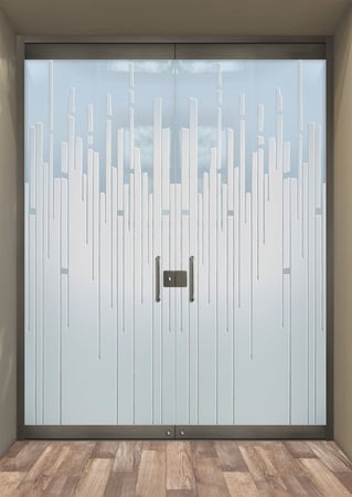 All Glass Front Door showcasing a Frosted Glass Geometric Design with Sandblast Etched Glass Art by Sans Soucie Trickle Design