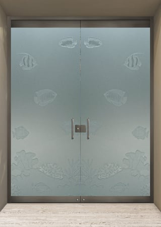 All Glass Front Door showcasing a Frosted Glass Oceanic Design with Sandblast Etched Glass Art by Sans Soucie Tropical Fish Design