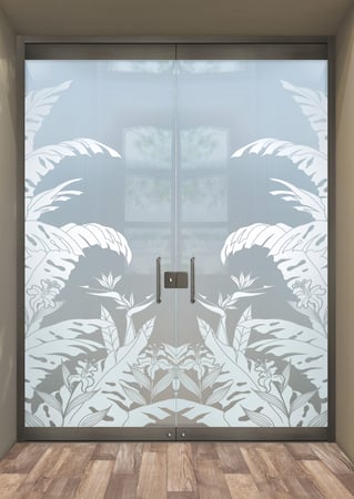 All Glass Front Door with a sandblast Frosted Glass Tropical Design Custom-Designed Decorative Etched Glass