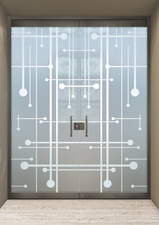 All Glass Front Door with a sandblast Frosted Glass Geometric Design Custom-Designed Decorative Etched Glass