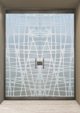 All Glass Front Door featuring Frosted Glass Design Etched Glass by Sans Soucie Art Glass with Custom Geometric Design Woven