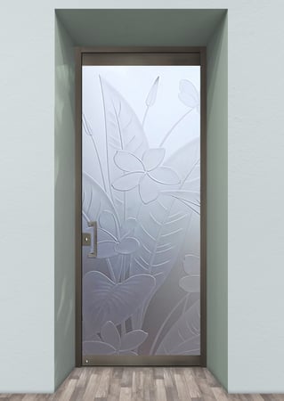 All Glass Front Door featuring a Frosted Glass Floral Design Sandblast Etched Glass Plumeria Design by Sans Soucie