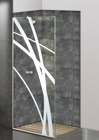 Shower Partition showcasing a Frosted Glass Geometric Design with Sandblast Etched Glass Art by Sans Soucie Arcos Design