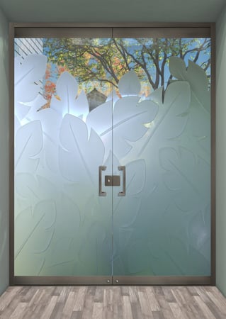 All Glass Front Door featuring a Frosted Glass Tropical Design Sandblast Etched Glass Banana Leaves Design by Sans Soucie