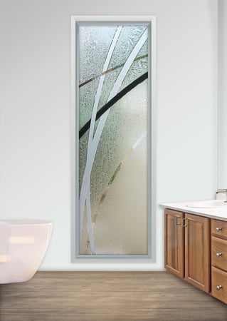 Window showcasing a Frosted Glass Geometric Design with Sandblast Etched Glass Art by Sans Soucie Arcos Design