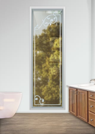 Window featuring a Frosted Glass Borders Design Sandblast Etched Glass Barcelona Border II Design by Sans Soucie