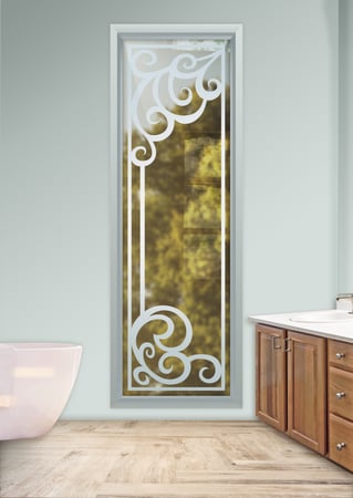 Window featuring Frosted Glass Design Etched Glass by Sans Soucie Art Glass with Custom Wrought Iron Design Concorde
