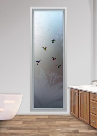 Window with a sandblast Frosted Glass Tropical Design Custom-Designed Decorative Etched Glass