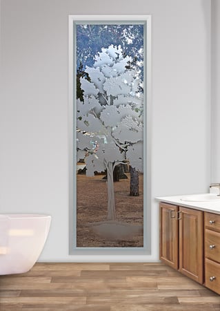 Window with a Frosted Glass Maple Trees Design for Semi-Private by Sans Soucie Art Glass