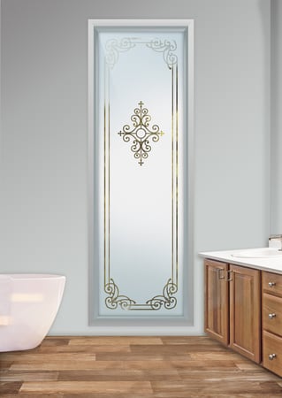 Window featuring a Frosted Glass Wrought Iron Design Sandblast Etched Glass Maya Naples Design by Sans Soucie