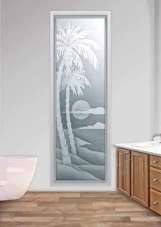 Window featuring Frosted Glass Design Etched Glass by Sans Soucie Art Glass with Custom Palm Trees Design Palm Sunset