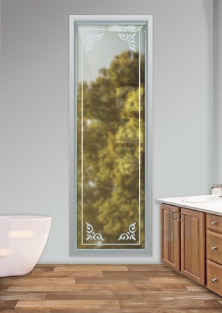 Window featuring a Frosted Glass Borders Design Sandblast Etched Glass Promenade Border Design by Sans Soucie