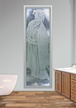 Window featuring a Frosted Glass Asian Design Sandblast Etched Glass Samurai Design by Sans Soucie