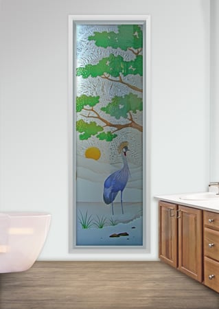 Window featuring Frosted Glass Design Etched Glass by Sans Soucie Art Glass with Custom African Design African Crane