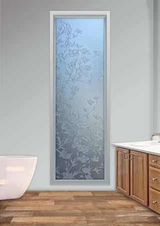 Window with a sandblast Frosted Glass Floral Design Custom-Designed Decorative Etched Glass