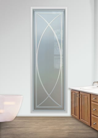 Window showcasing a Frosted Glass Geometric Design with Sandblast Etched Glass Art by Sans Soucie Arcs Design