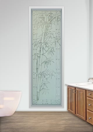 Window featuring Frosted Glass Design Etched Glass by Sans Soucie Art Glass with Custom Asian Design Bamboo Shoots Bordered