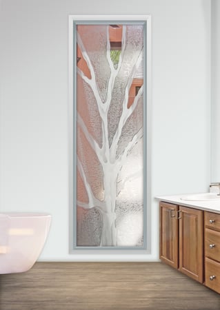 Window showcasing a Frosted Glass Trees Design with Sandblast Etched Glass Art by Sans Soucie Barren Branches Design