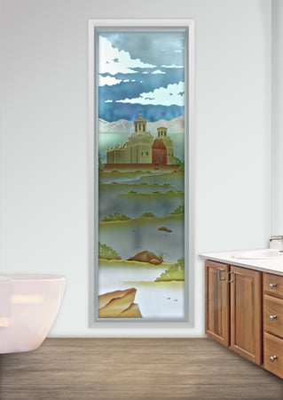 Window with a Frosted Glass California Xavier Mission Landscapes Design for Private by Sans Soucie Art Glass