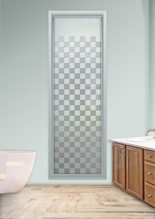 Window featuring a Frosted Glass Geometric Design Sandblast Etched Glass Checkerboard Design by Sans Soucie