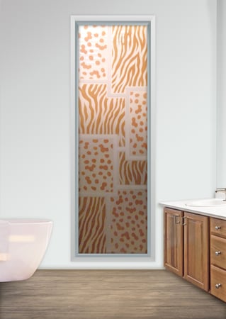 Window featuring a Frosted Glass Wildlife Design Sandblast Etched Glass Cheetah Zebra Pattern Design by Sans Soucie