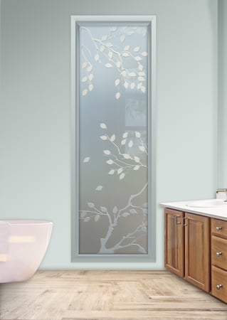 Window showcasing a Frosted Glass Asian Design with Sandblast Etched Glass Art by Sans Soucie Cherry Tree Design
