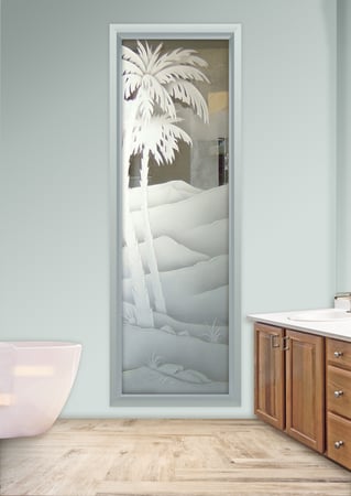 Window with a sandblast Frosted Glass Palm Trees Design Custom-Designed Decorative Etched Glass