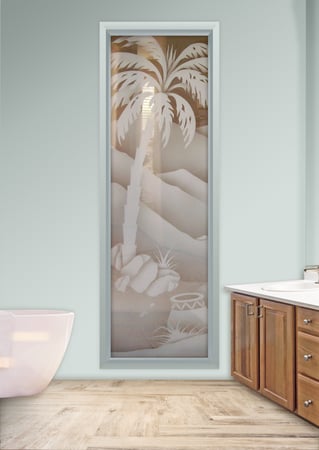 Window with a sandblast Frosted Glass Palm Trees Design Custom-Designed Decorative Etched Glass