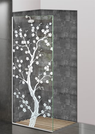Shower Partition with Frosted Glass Asian Delicate Cherry Blossom Design by Sans Soucie