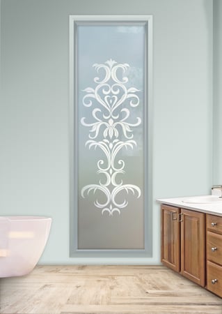 Window with Frosted Glass Traditional Demure Scrolls Design by Sans Soucie