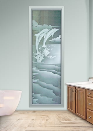 Window with a sandblast Frosted Glass Oceanic Design Custom-Designed Decorative Etched Glass