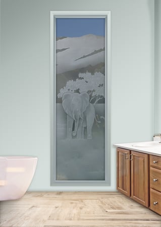 Window showcasing a Frosted Glass Wildlife Design with Sandblast Etched Glass Art by Sans Soucie Elephants in the Wild Design