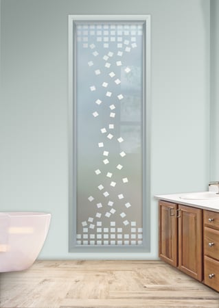 Window showcasing a Frosted Glass Geometric Design with Sandblast Etched Glass Art by Sans Soucie Falling Squares Design