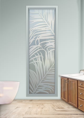 Window featuring a Frosted Glass Tropical Design Sandblast Etched Glass Fern Leaves Design by Sans Soucie