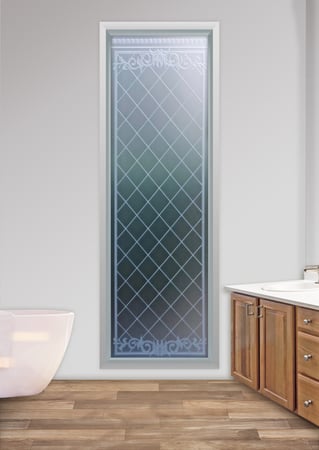 Window featuring a Frosted Glass Traditional Design Sandblast Etched Glass Filigree Lattice Design by Sans Soucie