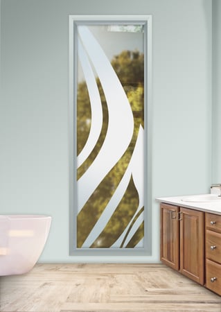 Window featuring a Frosted Glass Abstract Design Sandblast Etched Glass Flow Design by Sans Soucie