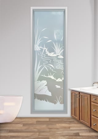 Window featuring Frosted Glass Design Etched Glass by Sans Soucie Art Glass with Custom Foliage Design Flowing Streams