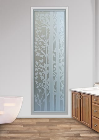 Window showcasing a Frosted Glass Trees Design with Sandblast Etched Glass Art by Sans Soucie Forest Trees Design
