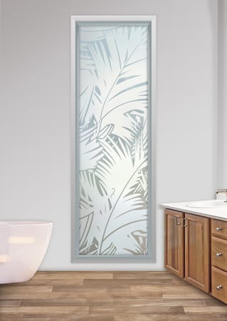 Window featuring a Frosted Glass Tropical Design Sandblast Etched Glass Fronds Design by Sans Soucie