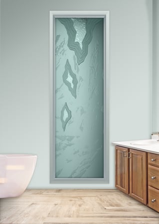 Window showcasing a Frosted Glass Abstract Design with Sandblast Etched Glass Art by Sans Soucie Glacier Design