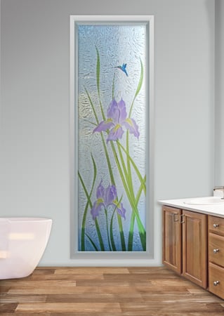 Window featuring a Frosted Glass Floral Design Sandblast Etched Glass Iris Hummingbird Design by Sans Soucie