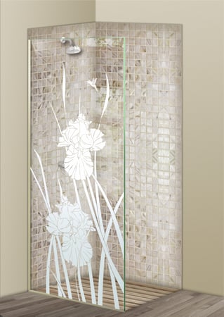 Shower Partition featuring a Frosted Glass Floral Design Sandblast Etched Glass Iris Hummingbird II Design by Sans Soucie