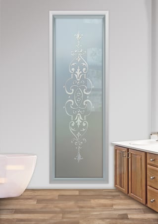 Window showcasing a Frosted Glass Traditional Design with Sandblast Etched Glass Art by Sans Soucie Isabelle Design