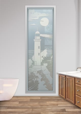 Window featuring Frosted Glass Design Etched Glass by Sans Soucie Art Glass with Custom Oceanic Design Lighthouse Beaming