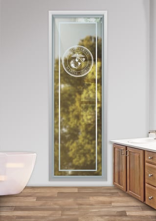 Window featuring a Frosted Glass Logos Design Sandblast Etched Glass Marine Corp Seal Design by Sans Soucie
