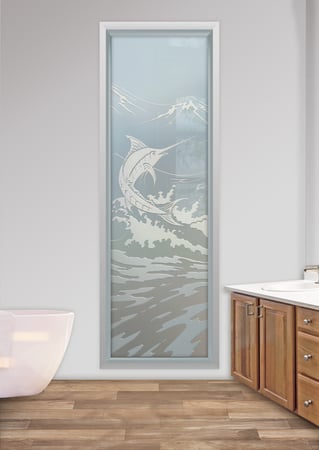 Window with a Frosted Glass Marlin Oceanic Design for Semi-Private by Sans Soucie Art Glass