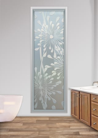 Window featuring a Frosted Glass Geometric Design Sandblast Etched Glass Maypop Design by Sans Soucie